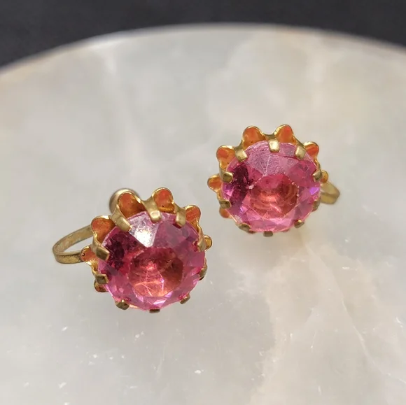Vintage Pink Rhinestone Screwback Earrings Gold Tone - Picture 4 of 14